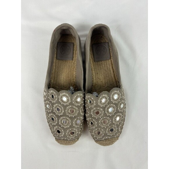 Tory Burch Yasmin Flats Espadrilles Grey Suede 7 Mirror Accents - Picture 3 of 11